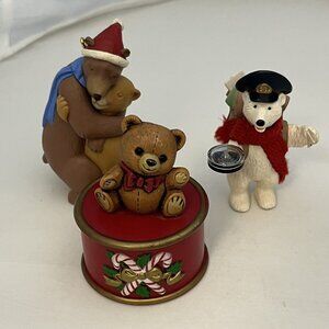 3 Vintage Hallmark Bear Themed Ornaments Trinket Box Polar Bear Mom And Dad